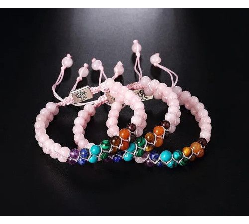 Тибетський браслет Життєвої Сили 7 Чакр для захисту та любові з рожевого агату
