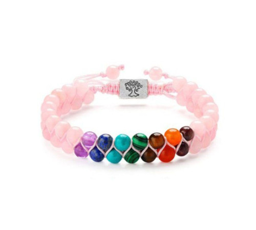Тибетський браслет Життєвої Сили 7 Чакр для захисту та любові з рожевого агату