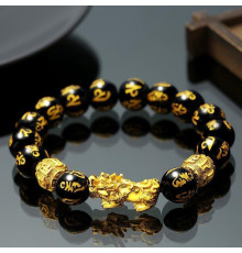 Браслет Пі Яо з оніксу з мантрами «Ом Мані Паді Хум» для великих грошей і захисту аури