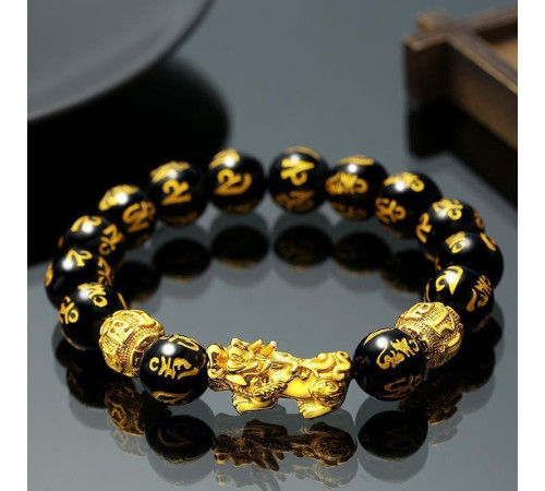 Браслет Пі Яо з оніксу з мантрами «Ом Мані Паді Хум» для великих грошей і захисту аури