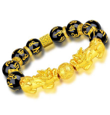 Браслет Пі Яо з оніксу з мантрами «Ом Мані Паді Хум» для подвійного багатства та довголіття