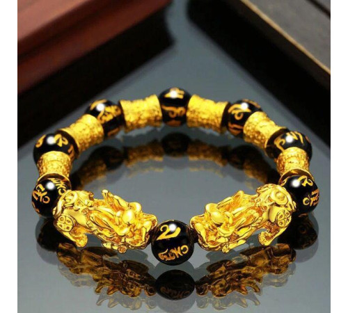 Браслет Пі Яо з оніксу із сакральними мантрами «Ом Мані Падме Хум» для подвійного багатства та довголіття