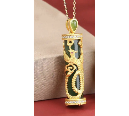 Золота підвіска Фенікс із нефритом і фіанітами для щастя, популярності, мудрості, процвітання та захисту