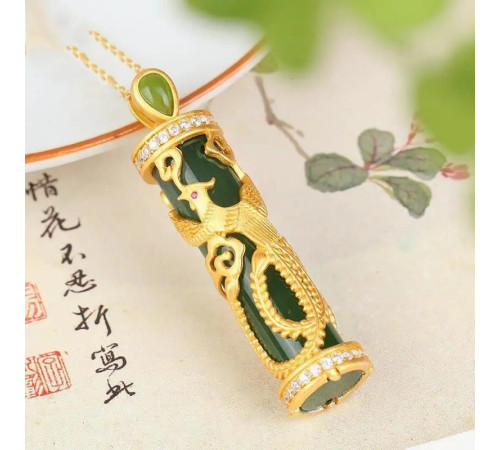 Золота підвіска Фенікс із нефритом і фіанітами для щастя, популярності, мудрості, процвітання та захисту