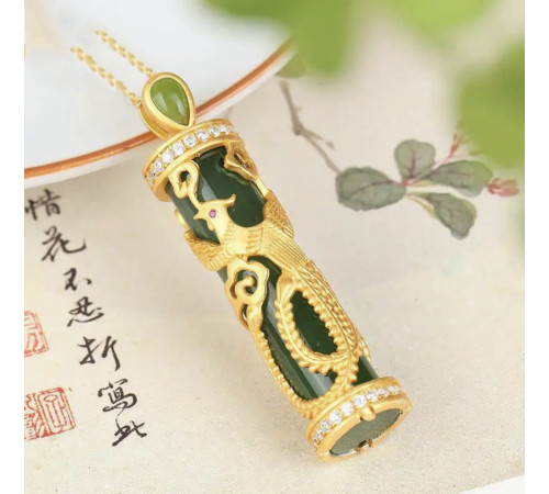 Золота підвіска Фенікс із нефритом і фіанітами для щастя, популярності, мудрості, процвітання та захисту