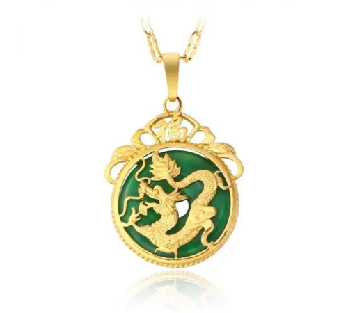 Золота Підвіска Щасливий Дракон із зеленим нефритом для достатку удачі, багатство та процвітання, захист