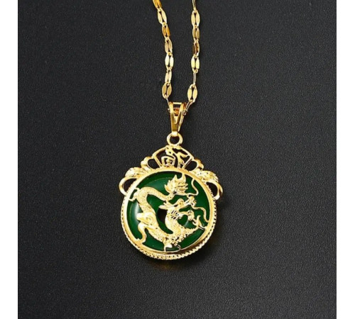 Золота Підвіска Щасливий Дракон із зеленим нефритом для достатку удачі, багатство та процвітання, захист