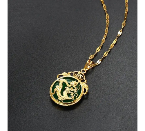 Золота Підвіска Щасливий Дракон із зеленим нефритом для достатку удачі, багатство та процвітання, захист