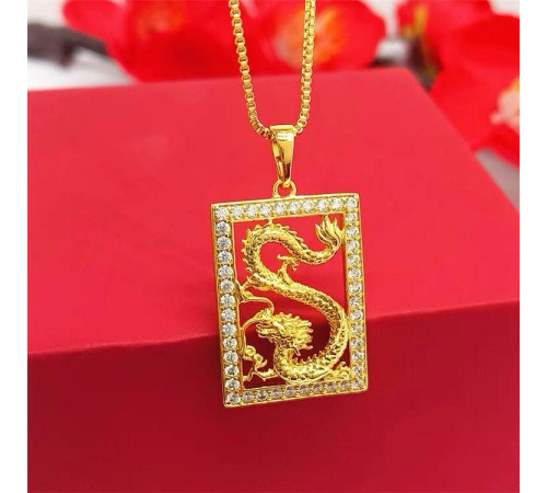 Золота підвіска Дракон, що наповнює бажання з фіанітами на ланцюжку для захисту, успіху, сміливості, впевненості