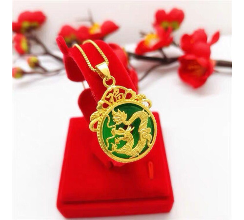 Золота підвіска Чарівний Дракон із нефритом для достатку, удачі, щастя, багатство та здоров'я