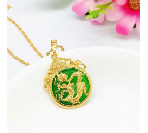 Золота підвіска Чарівний Дракон із нефритом для достатку, удачі, щастя, багатство та здоров'я
