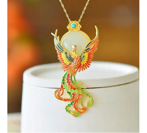 Золота сакральна підвіска Фенікс із нефритом і перлами приносить славу та визнання, удачу та процвітання