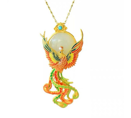 Золота сакральна підвіска Фенікс із нефритом і перлами приносить славу та визнання, удачу та процвітання