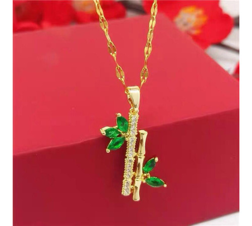Золота підвіска Бамбук із зеленим смарагдом і фіанітами для довголіття, процвітання та удачу росту