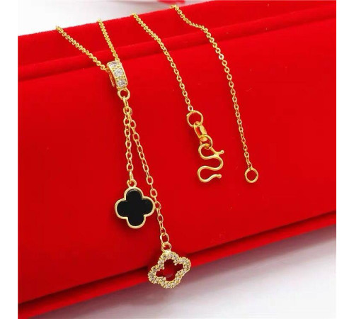 Золота підвіска Чотирилистий Конюшина з чорним агатом і фіанітами приносить удачу, гарні новини, захист