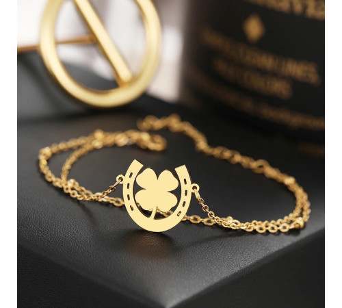 Золотий браслет Чотирилистий Клевер на удачу з підковою Фортуни