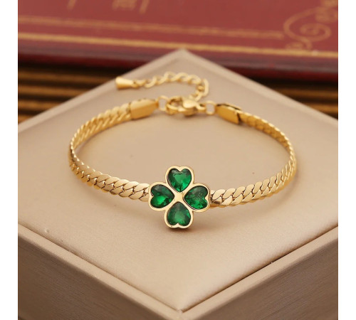 Позолочений браслет Чотирилистий Конюшина із зеленим турмаліном на удачу та здоров'я