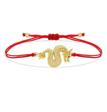 Тибетський браслет Імператорський Золотий Дракон із фіанітами на червоній нитці для Здоров'я, Багатства, Захисти