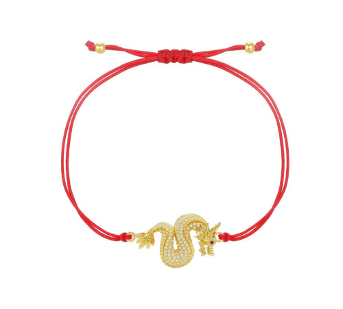 Тибетський браслет Імператорський Золотий Дракон із фіанітами на червоній нитці для Здоров'я, Багатства, Захисти