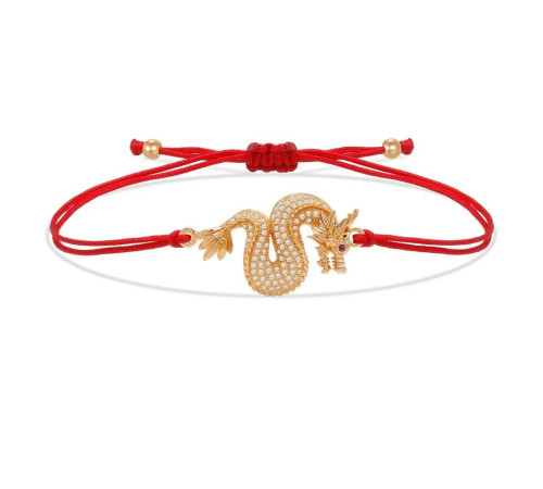 Тибетський браслет Імператорський Золотий Дракон із фіанітами на червоній нитці для Багатства, Здоров'я та удачі
