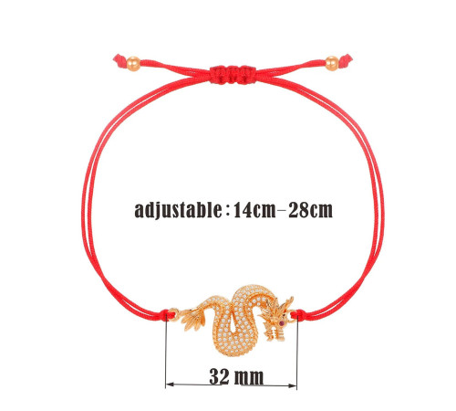 Тибетський браслет Імператорський Золотий Дракон із фіанітами на червоній нитці для Багатства, Здоров'я та удачі