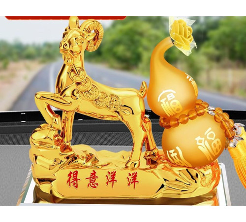 Статуетка Золота Овца Коза для Багатства Достаток, Процвітання, з гарбузом Ву-Лу для Здоров'я з цілющою олією