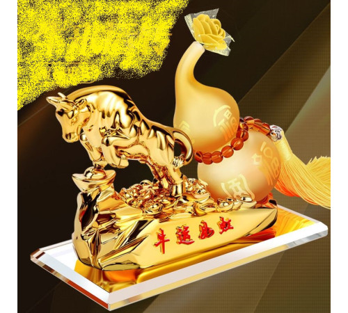 Статуетка Золотий Бик для Багатства Достаток, Процвітання, з гарбузом Ву-Лу для Здоров'я з цілющою олією чіткі