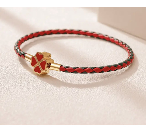 Золотий браслет Чотирилистий конюшина червоний агат для удачі, для успіху та харизми, для багатства та здоров'я