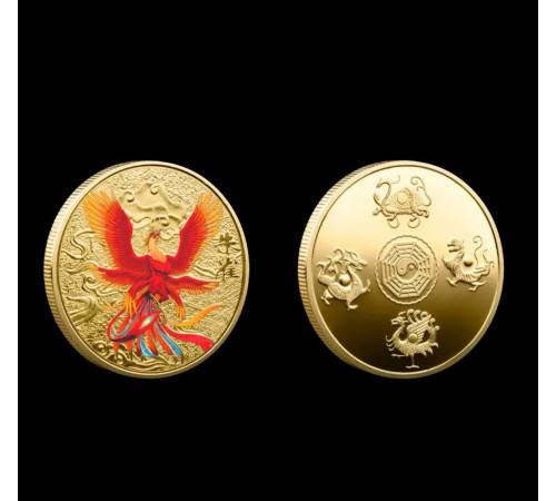 Золота монета Фенікс Червоний із мантрою, що збільшує багатство