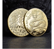 Золота монета Дракон приносить Велику Удачу з символом Фук, Багатство та здоров'я, успіх із мантрой захисту