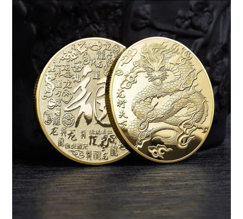 Золота монета Дракон приносить Велику Удачу з символом Фук, Багатство та здоров'я, успіх із мантрой захисту