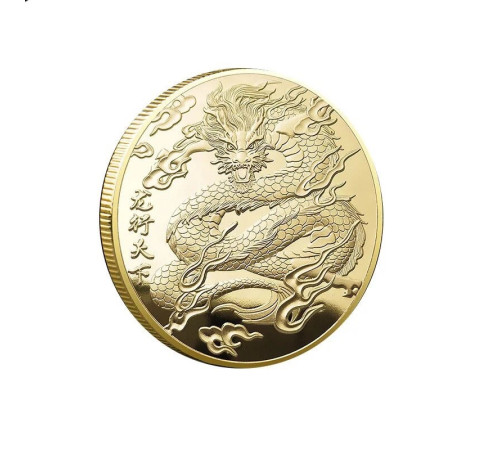 Золота монета Дракон приносить Велику Удачу з символом Фук, Багатство та здоров'я, успіх із мантрой захисту