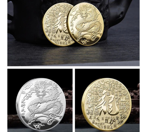Золота монета Дракон приносить Велику Удачу з символом Фук, Багатство та здоров'я, успіх із мантрой захисту