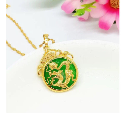 Золота підвіска Чарівний Дракон із зеленим турмаліном для достатку, удачі, щастя, багатство та здоров'я