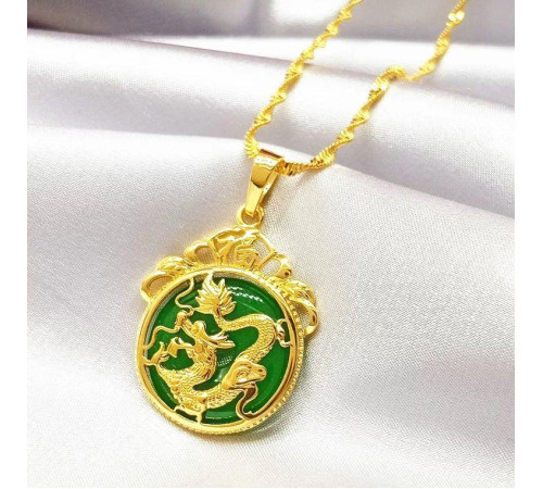 Золота підвіска Чарівний Дракон із зеленим турмаліном для достатку, удачі, щастя, багатство та здоров'я