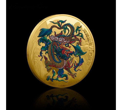 Золота монета Дракон для удачі ресурсів і багатства з мантрою Здоров'я