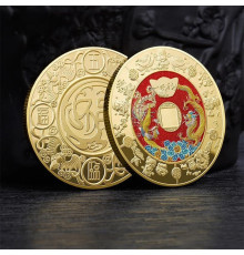 Золота монета Дракон і Фенікс зі злітком кажаном для здоров'я й багатства з мантрами