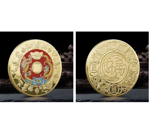 Золота монета Дракон і Фенікс зі злітком кажаном для здоров'я й багатства з мантрами