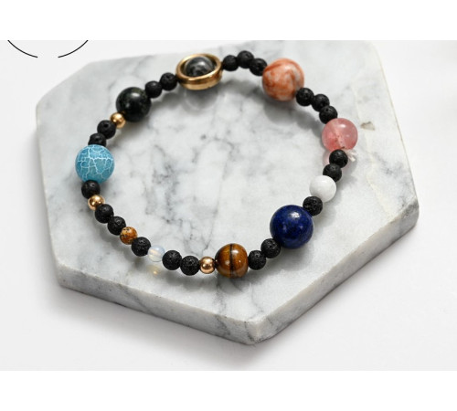 Тибетський браслет десять планет сонячної системи з натурального каменю Ляпіс, Яшма, Опал, Кварц, Агат, Тигр