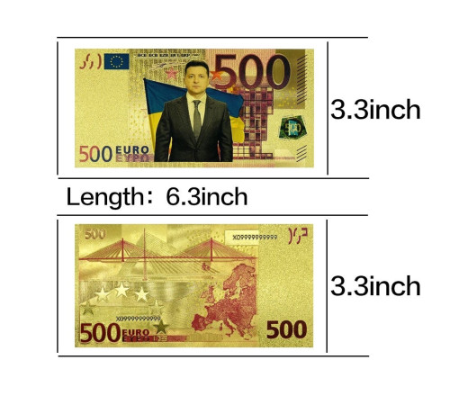 Золота Купюра 500 Євро Президент Зеленський для приваблення Удачі та Багатства 24 каратів