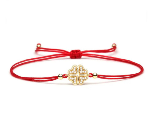 Браслет червона нитка чотирилиста конюшина з цирконієм на велике удачу та гроші