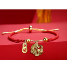 Тибетський Браслет Золотий Дракон на червоній нитці з мантрами для багатства та підсилювача удачі, збереження грошей