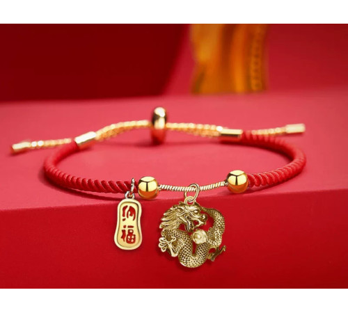 Тибетський Браслет Золотий Дракон на червоній нитці з мантрами для багатства та підсилювача удачі, збереження грошей