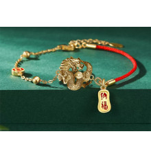 Тибетський Браслет Містичний Золотий Дракон на червоній нитці з мантрами для багатства, удачі, збереження грошей