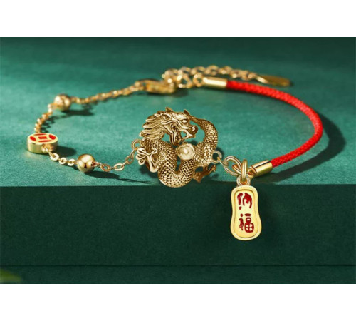 Тибетський Браслет Містичний Золотий Дракон на червоній нитці з мантрами для багатства, удачі, збереження грошей