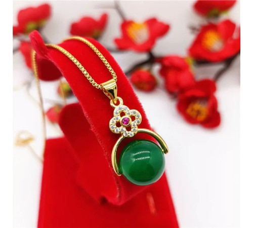 Золота підвіска Чотиральна конюшина із зеленим турмаліном у формі сфери та фіанти для удачі та Здоров'я Денег