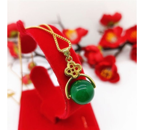 Золота підвіска Чотиральна конюшина із зеленим турмаліном у формі сфери та фіанти для удачі та Здоров'я Денег