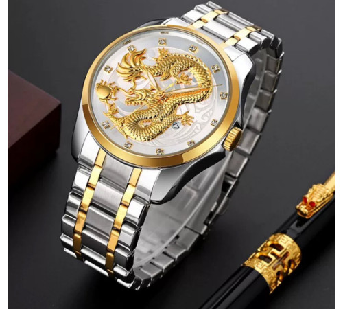 Золотий годинник із Драконом зі світними стрілками та фіанітами з білим циферблатом для Великої удачі 9 період