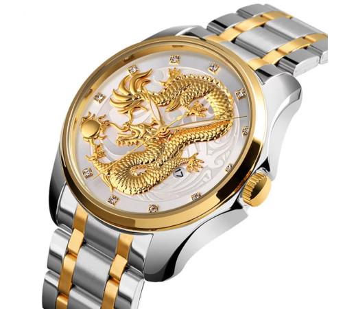 Золотий годинник із Драконом зі світними стрілками та фіанітами з білим циферблатом для Великої удачі 9 період