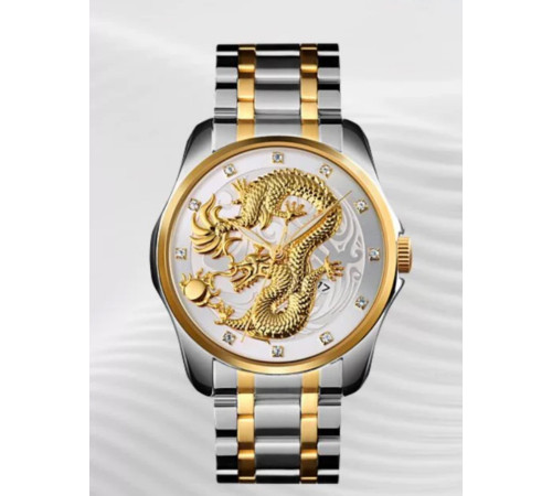 Золотий годинник із Драконом зі світними стрілками та фіанітами з білим циферблатом для Великої удачі 9 період